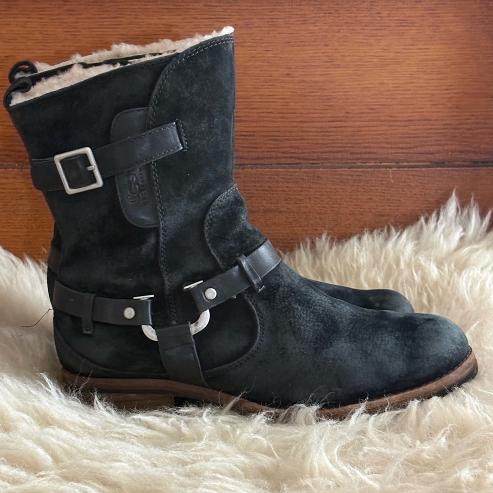 UGG Endell Biker Black Suede with Shearling Buckle Detail Moto Ankle Boots